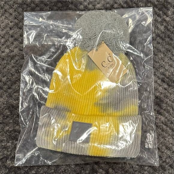 NEW! Kid’s Teal Blue or Yellow Gray Tie Dye Pom Pom Ribbed Beanie (K0082) - Picture 4 of 13